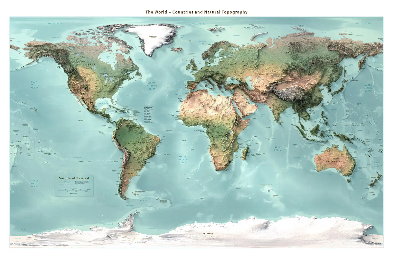 world map vinyl wall mural with terrain detail