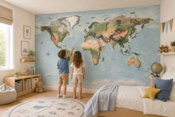 World map wallpaper in kids room