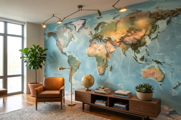World map wallpaper in Study room for detailed vision.