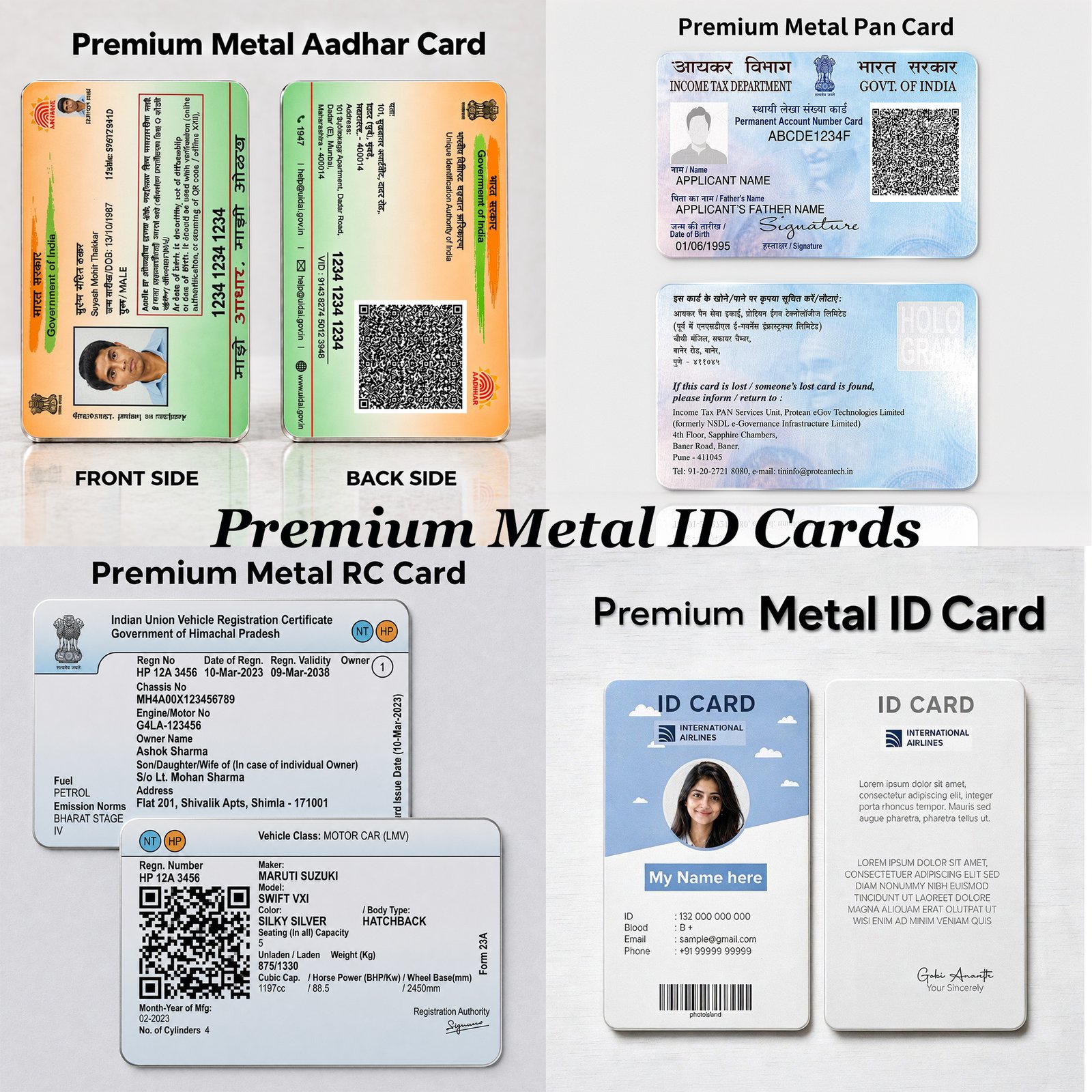 Aadhar card, Pan card, Voter Card printed on Metal card